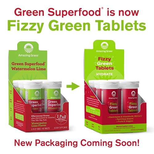 Amazing Grass Electrolyte Tablets Fizzy Greens Water Flavoring Tablet with Vitamins Hydrate Watermelon Lime 60 Count