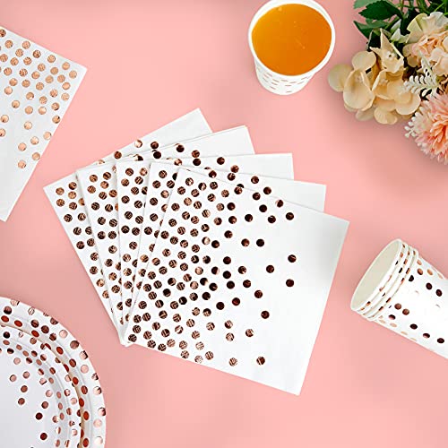 White and Rose Gold Party Supplies - 350 PCS Disposable Dinnerware Set - White Paper Plates Napkins Cups, Gold Plastic Forks Knives Spoon for Graduation, Birthday, Cocktail Party