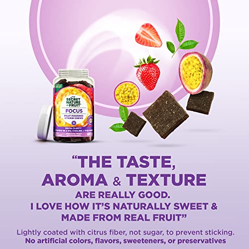 The Secret Nature of Fruit Focus Chews, Real Fruit Powered Vitamin Chews with Vitamins B6 and B12, Choline, L-Theanine, Passion Fruit and Strawberry for Mental Clarity, Gummy (60 Count)