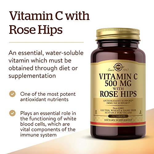 Solgar Vitamin C 500 mg with Rose Hips, 250 Tablets - Antioxidant and Immune Support - Overall Health - Supports Healthy Skin and Joints - Non GMO, Vegan, Gluten Free, Dairy Free, Kosher - 250 Servings
