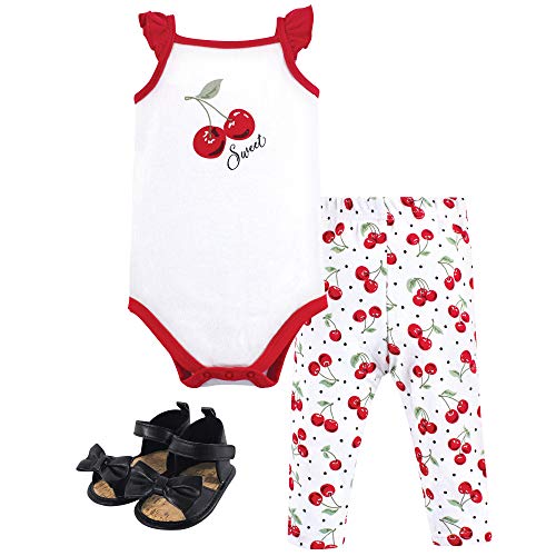Hudson Baby Unisex Baby Cotton Bodysuit, Pant and Shoe Set, Cherries, 3-6 Months
