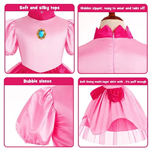 Oskiner Princess Peach Costume for Girls,Super Brothers Princess Peach Dress for Kids Cosplay Halloween Party Dress Up (4-5Years)