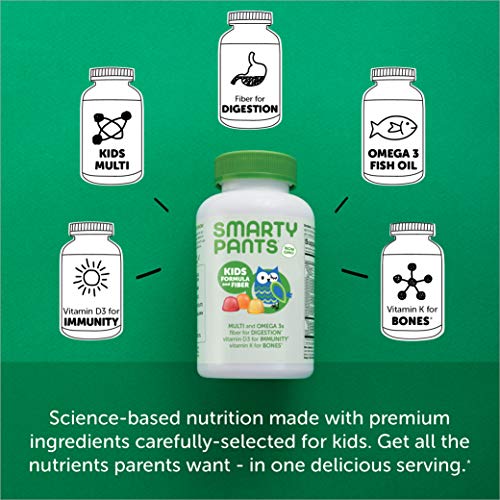 SmartyPants Kids Formula and Fiber Daily Gummy Vitamins: Gluten Free, Multivitamin and Omega 3 Fish Oil (Dha/Epa), Fiber, Methyl B12, vitamin D3, Vitamin B6, 90 Count (22 Day Supply) - Packaging May Vary