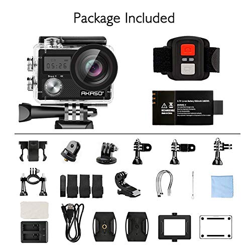 AKASO Brave 4 4K 20MP WiFi Action Camera Ultra HD with EIS 30m Waterproof Camera Remote Control 5X Zoom Underwater Camcorder with 2 Batteries and Helmet Accessories Kit Support External Microphone
