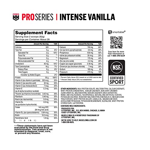 Muscle Milk Pro Series Protein Powder Supplement, Intense Vanilla, 5 Pound, 28 Servings, 50g Protein, 3g Sugar, 20 Vitamins and Minerals, NSF Certified for Sport, Workout Recovery, Packaging May Vary