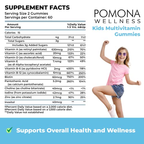 Pomona Wellness Daily Kids Multivitamin Gummies, Supports Overall Health and Immune Support, Vitamins and Minerals Gummy, A, C, D, E, Bs, Zinc, Fruit Flavor, 120 Count