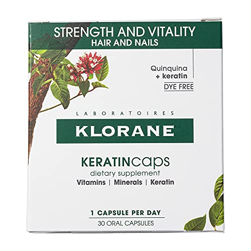 Klorane KERATINcaps Dietary Supplements with Biotin, Quinine, B Vitamins for Thicker, Stronger Hair and Nails, Caffeine-Free, Dye Free, 30 Day Supply