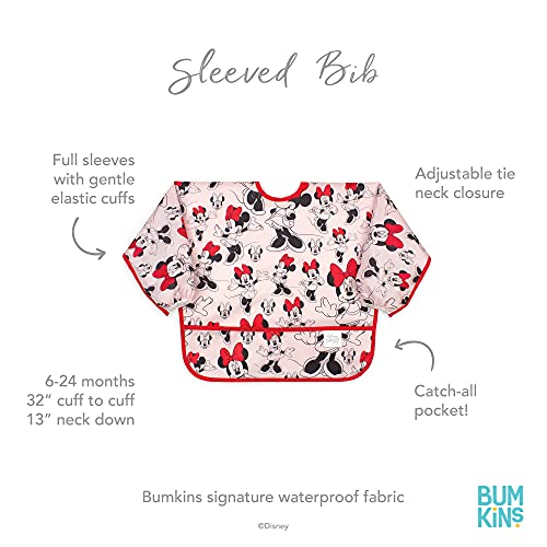 Bumkins Sleeved Baby or Toddler Bib, Smock, Waterproof Fabric, Fits Ages 6-24 Months, Disney Minnie Mouse Classic