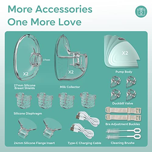 MomMed Double Wearable Breast Pump, Hands-Free Electric Breast Pump with 3 Mode 12 Levels, Leak-Proof Design and Low Noise, 27mm All-in-One Painless Breastfeeding Breast Pump, Extra 24mm Flange Inserts