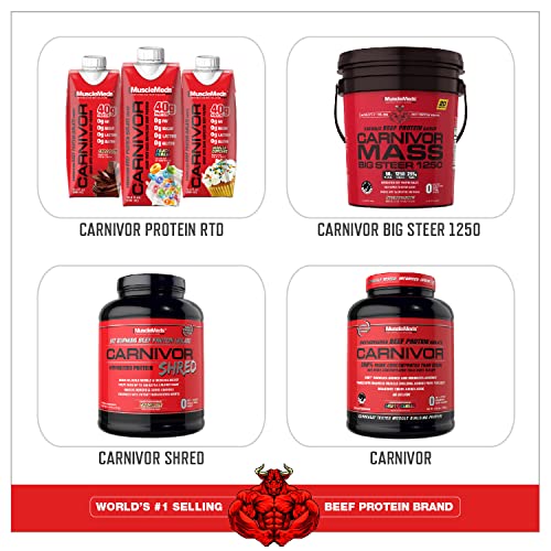 MuscleMeds Carnivor Mass Gainer Beef Protein Isolate Shake, 50 Grams Protein, 125 Grams Carbs, 0 Fat, 0 Sugar, Lactose Free, ChocolateFudge, 6 Pound