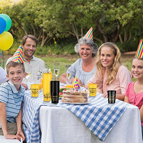 Shojoy 40 Pack Happy Birthday Party Cups Black and Gold Birthday Stadium Cups 8 Ounces Reusable Plastic Tumblers for Birthday Anniversary Party Supplies Decors