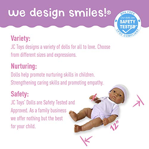 JC Toys - La Newborn Nursery | 7 Piece Baby Doll Gift Set | 12' Life-Like Hispanic Doll with Accessories | Purple | Ages 2+ (18347)