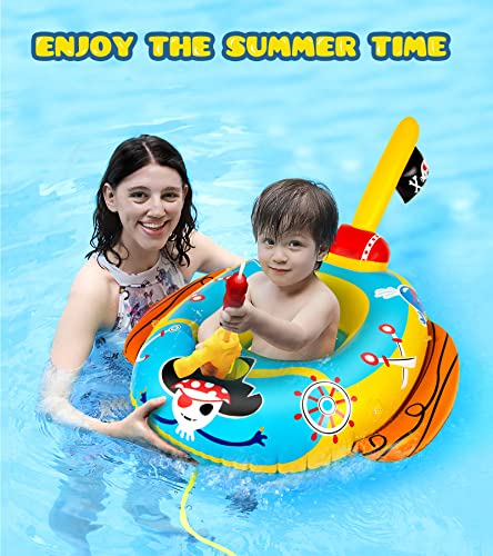 2X Thicken Pool Floats Kids with Water Gun, UPF50+ Adjustable Canopy Inflatable Pirate Boat Shaped Toddler Pool Float with Safety Seat, Durable Pool Toys for Kids Ages 2-10 for Boys and Girls