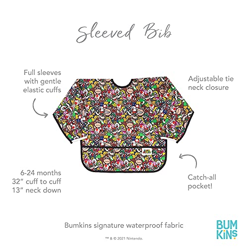Bumkins Bibs, Nintendo Super Mario Baby and Toddler Bibs, Bibs for Girls and Boys 6-24 Months, Long Sleeve Bib, Baby Bibs for Eating, Waterproof Fabric Sleeved Smock
