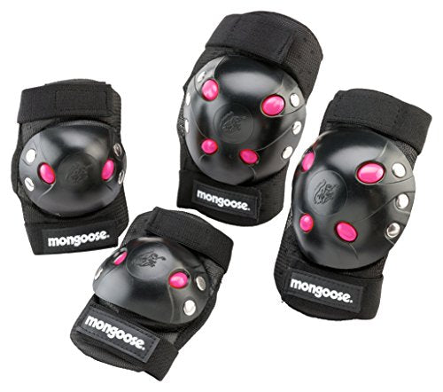 Mongoose Youth BMX Bike Gel Knee and Elbow Pad Set, Multi-Sport Protective Gear, Black/Pink
