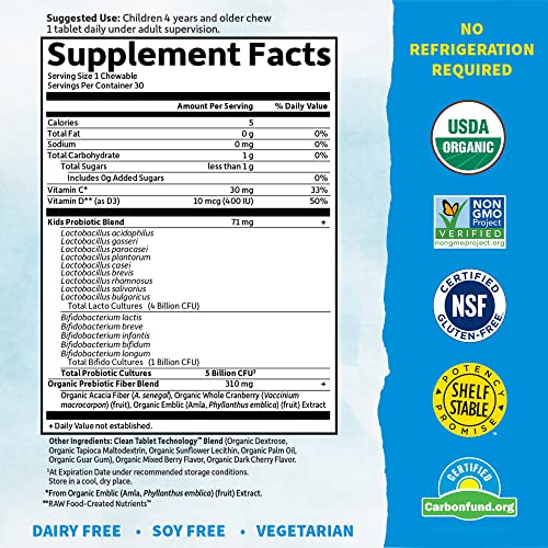 Garden of Life Dr. Formulated Probiotics Organic Kids+ Plus Vitamin C and D - Berry Cherry - Gluten, Dairy and Soy Free Immune and Digestive Health Supplement, No Added Sugar, 30 Chewables (Shelf Stable)