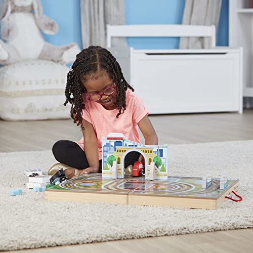 Melissa and Doug 18-Piece Wooden Take-Along Tabletop Town, 4 Rescue Vehicles, Play Pieces, Bridge