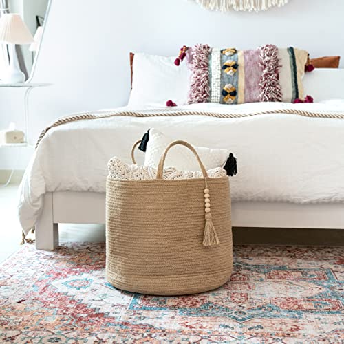Mkono Woven Storage Basket Decorative Rope Basket Wooden Bead Decoration for Blankets,Toys,Clothes,Shoes,Plant Organizer Bin with Handles Living Room Home Decor, Jute, 16' W × 13.8'L