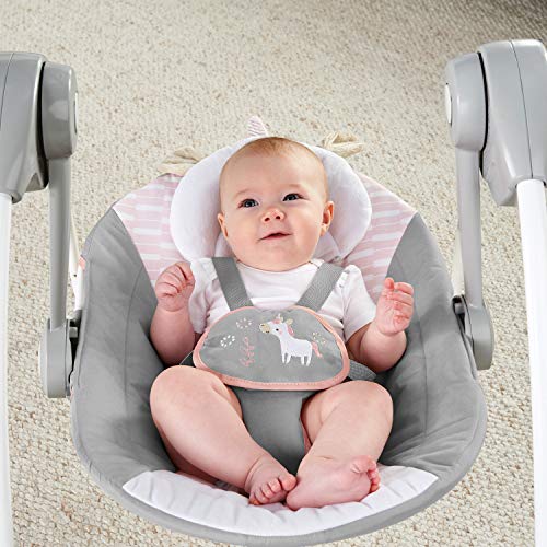 Ingenuity Comfort 2 Go Compact Portable 6-Speed Cushioned Baby Swing with Music, Folds Easy, 0-9 Months 6-20 lbs (Pink Flora the Unicorn)