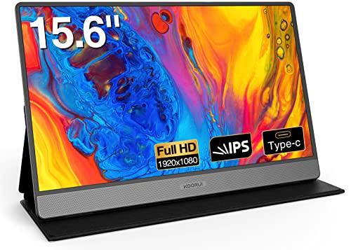 KOORUI Portable Monitor 15.6 Inch 1080P FHD Portable Laptop Monitor IPS Second Screen USB-C HDMI Travel Monitor w/Protective Cover and Dual Speakers, External Monitor for PC Phone Xbox PS4/5 Switch