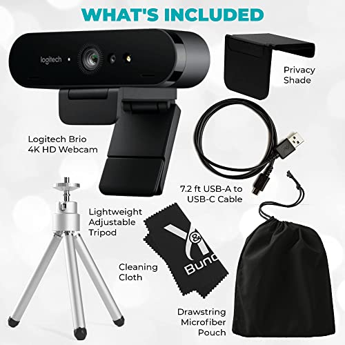 YandR Bundles Logitech Brio 4K HD Webcam with Microphone for Desktop with Tripod and Universal Mount - Logitech Webcam USB Computer Camera - Ultra Pro Wide Angle Webcam Streaming for Meetings and Gaming