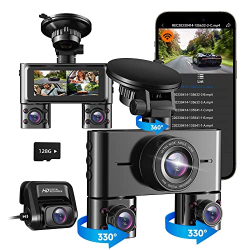HUPEJOS V7 360° Dash Cam, 4 Channel Quad Camera FHD 1080P*4 Front, Left, Right, and Rear with WiFi, Adjustable Lens Dash Camera for Cars with Night Vision, Free 128GB Card，24 Hours Radar Parking Mode