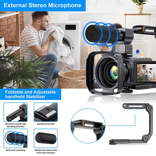 4K Video Camera Camcorder UHD 48MP WiFi IR Night Vision Vlogging Camera for YouTube Touch Screen 16X Digital Zoom Camera Recorder with Microphone, Handheld Stabilizer, Lens Hood, Remote,2 Batteries