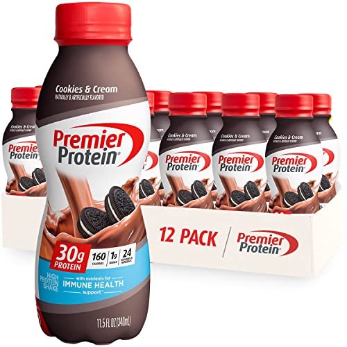 Premier Protein Shake, Cookies and Cream, 30g Protein, 1g Sugar, 24 Vitamins and Minerals, Nutrients to Support Immune Health 11.5 fl oz (12 Pack)