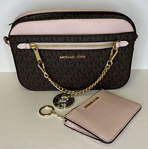 Michael Kors Jet Set Large Chain Crossbody Bag bundled with with SM TZ Coinpouch Wallet and Purse Hook (Signature MK Brown/Powder Blush)