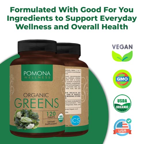 Pomona Wellness Super Greens Supplement, Full Of Superfood Vitamins and Minerals, Fruits and Vegetable, Greens Powder for Bloating and Digestion, Gut Health, USDA Organic, Non-GMO, 120 Tablets