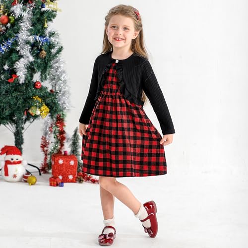 Bkixhv Toddler Baby Girl Cotton Dress Cardigan 2 Pcs Christmas Outfit Buffalo Plaid Sleeveless Dress Set 5-6 Years Old