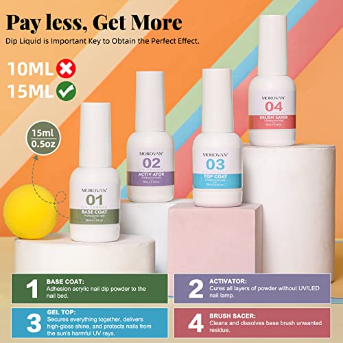 Morovan Dip Powder Nail Kit Starter - 8 Colors Dipping Powder Kit with Base Top Coat Activator Brush Saver Nail Dip Powder Kit for Dipping Nails DIY at Home Salon