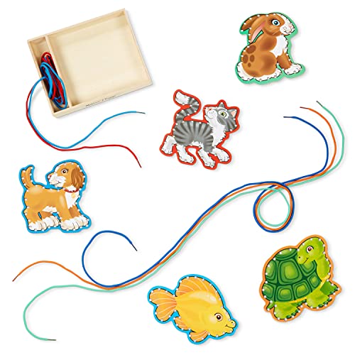 Melissa and Doug Lace and Trace Activity Set: Pets - 5 Wooden Panels and 5 Matching Laces - Lacing Toys For Toddlers, Fine Motor Skills Threading Cards For Preschoolers And Kids Ages 3+