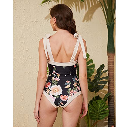Women Swimsuits Abstract Printing Notched Square/V Neck Floral Vacation One Piece with Cover Up