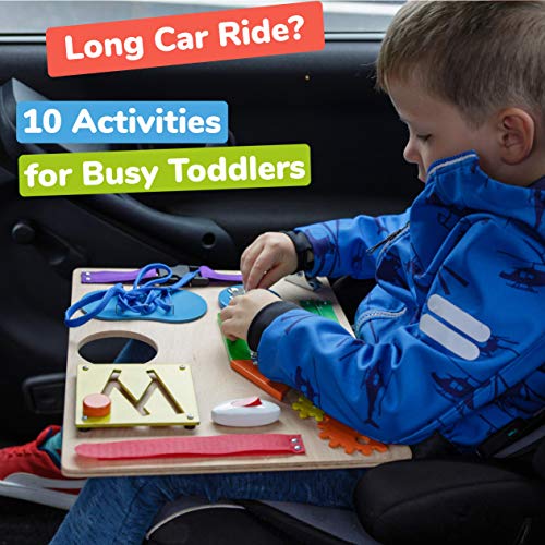 deMoca Busy Board for Toddlers, Montessori Toy for 3 Year Old with 10 Educational Toddler Activities to Develop Fine Motor Skills, Learning Wooden Travel Toy for Plane and Car Journey