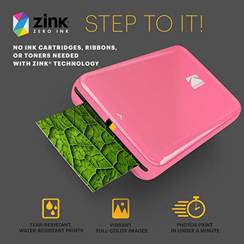 KODAK Step Instant Color Photo Printer with Bluetooth/NFC, Zink Technology and KODAK App for iOS and Android (Pink) Prints 2x3” Sticky-Back Photos.