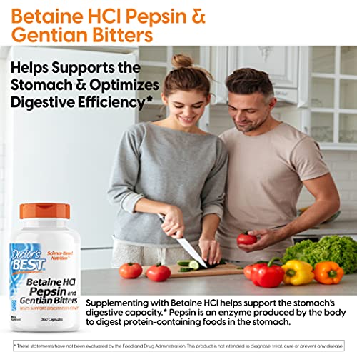 Doctor's Best Betaine HCI Pepsin and Gentian Bitters, Digestive Enzymes for Protein Breakdown and Absorption, Non-GMO, Gluten Free, 360 Count (Pack of 1)