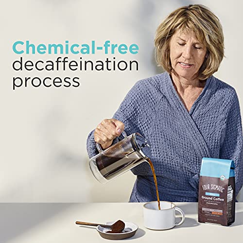Organic Decaf Ground Coffee by Four Sigmatic | Swiss Water Decaf Coffee Ground | Decaffeinated Coffee with Chaga and Reishi Mushroom Extracts | Decaf Coffee for Immune Support and Stress Relief | 12oz Bag