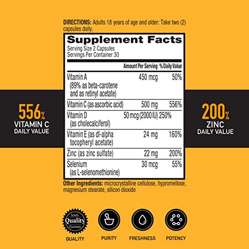 Airborne Vitamin C 500mg Capsules With Zinc and Selenium, Immune Support Supplement For Adults with Powerful Antioxidants Vitamins A C and E + Vitamin D - 60ct Bottle (30 Servings)