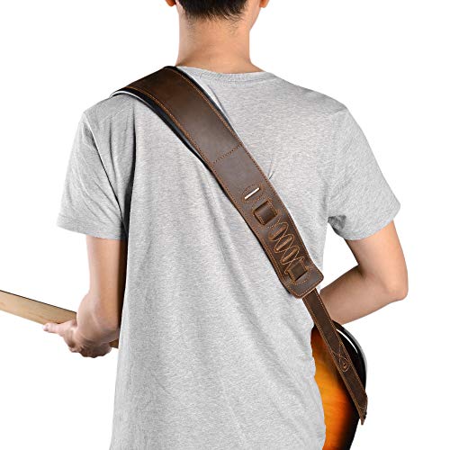 Rinastore Guitar Strap Leather 3 Inch Wide Full Grain Padded Soft Leather Strap for Acoustic, Electric and Bass Guitars (Whiskey Brown)