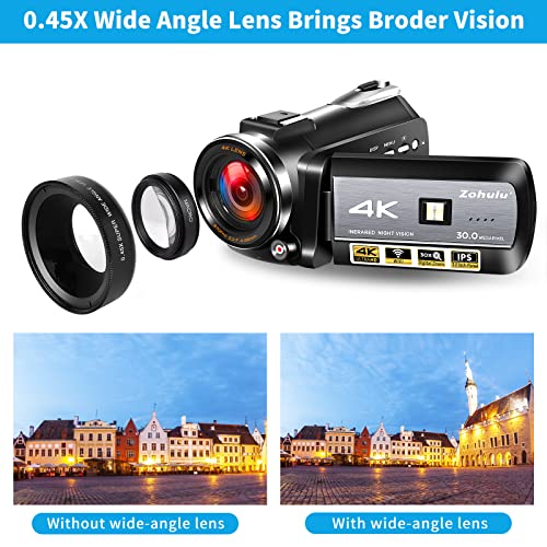 4K Video Camera Camcorders 30MP Ultra HD Infrared Night Vision Wifi Vlogging Camera for YouTube 30X Digital Zoom Touch Screen Camera Recorder with Wide-Angle Lens,32GB SD card、Infrared Flashlight