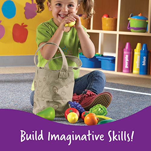 Learning Resources Fresh Picked Fruit And Veggie Tote - 17 Pieces, Ages 18mos+ Pretend Play Toys, Fruits and Vegetables for Kids, Play Food for Toddlers, Preschool Toys