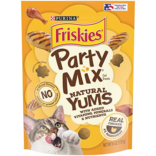 Purina Friskies Natural Cat Treats, Party Mix Natural Yums With Real Chicken and Vitamins, Minerals and Nutrients - (6) 6 oz. Pouches