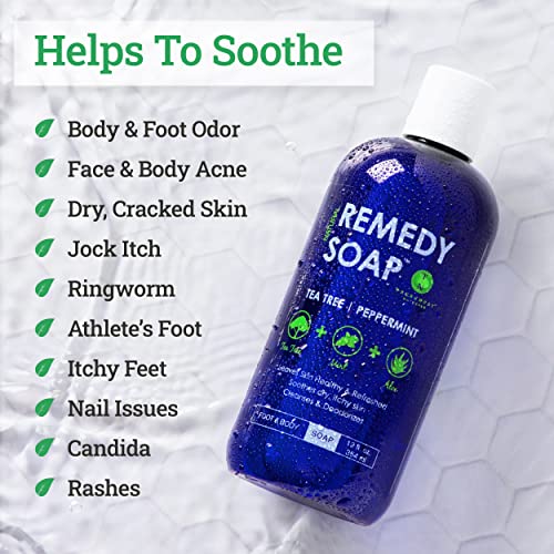 Remedy Soap Tea Tree Oil Body Wash | Helps Body Odor, Athlete's Foot, Jock Itch, Ringworm, Yeast Infections, Skin Irritations | Shower Gel for Women/Men | 100% Natural Tea Tree, Mint and Aloe Skin Cleanser (12 oz)