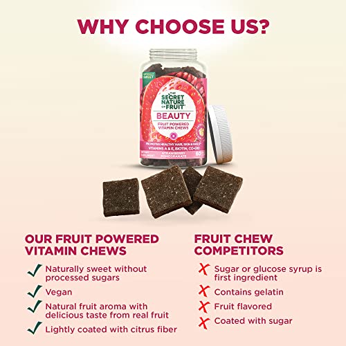 The Secret Nature of Fruit Beauty Chews, Real Fruit Powered Vitamin Chews with Vitamins A and E, Biotin, CoQ10, Strawberry and Pomegranate for Healthy Hair, Skin and Nails, Gummy, (60 Count)