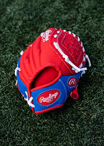 Rawlings Players Series Youth Tball/Baseball Glove with Ball, Right Hand Throw, Red/Blue, 9 Inch (Ages 3-5)