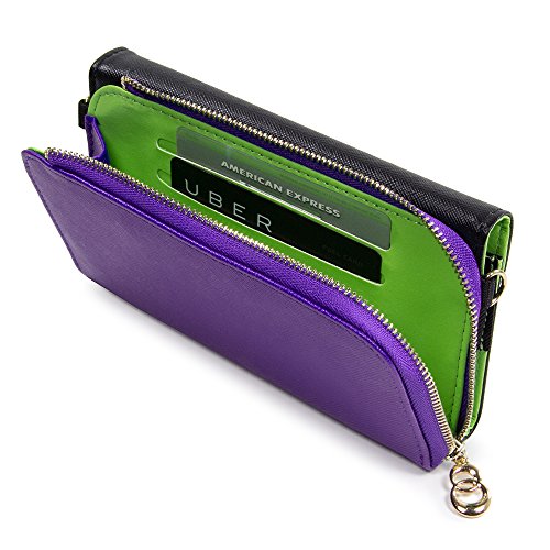 Kroo Clutch Wallet with Wristlet and Crossbody Strap for Smartphones or Phablets up to 5.7 Inch - Carrying Case - Frustration-Free Packaging - Black and Purple