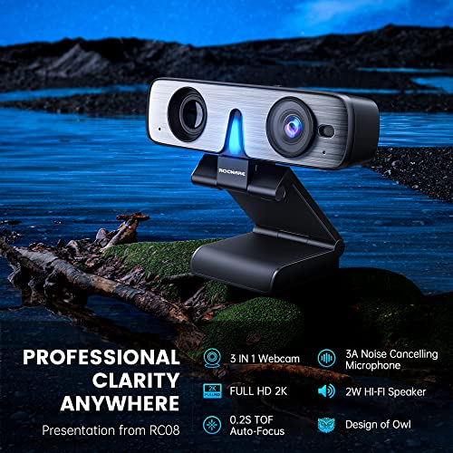 ROCWARE Webcam with Microphone, RC08 Web Camera for Computer Camera, HD Webcam 1080p 60fps 2K Streaming Camera, Auto Focus Webcam with Built-in Mic, High-Performance Speaker, and Easy Plug-and-Play