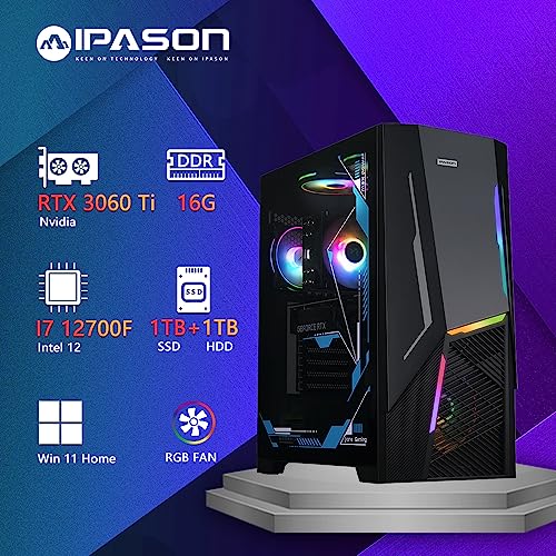 IPASON Gaming PC Desktop – Intel Core I7 12700F 2.1 GHz, NVIDIA RTX 3060 Ti GDDR6X, 1TB SSD, 1TB HDD, 16GB DDR4 RAM 3200, 650W PSU, Bluetooth, Wi-Fi 6, Windows 11 Home