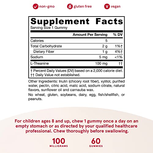 Jarrow Formulas Theanine Gummies 100 mg - 60 Apple Gummies - Neurologically Active Amino Acid - Found in Green Tea - Promotes Relaxation and Calmness - Sugar Free - 60 Servings (PACKAGING MAY VARY)